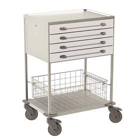 Cărucior cu polițe și sertare din oțel inoxidabil, 2 polițe, 1 coșuri de sârmă, 4 sertare in culoare albă, HxLxl: 1040x760x560 mm