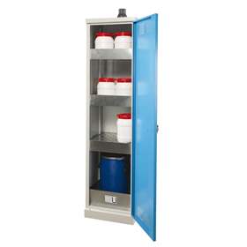 Chemikalien-Schrank, eintürig, Bodenauffangwanne + 3 Wannenböden, BxTxH: 500x500x1950 mm, Türfarbe blau RAL5012