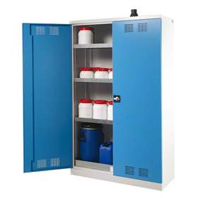 Chemikalien-Schrank, zweitürig, Bodenauffangwanne + 3 Wannenböden, BxTxH: 1200x500x1950 mm, Türfarbe blau RAL5012