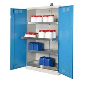 Skříň pro chemikálie, 3 výsuvné vanové police + spodní záchytná vana, š x h x v: 950x500x1950 mm, dveře modré RAL5012