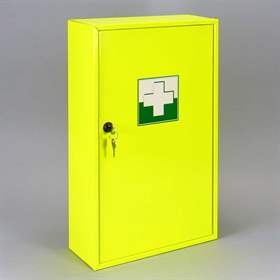 Erste-Hilfe-Wandschrank, aus Metall, mit Schloss, fluoreszierende Farbe, ohne Inhalt