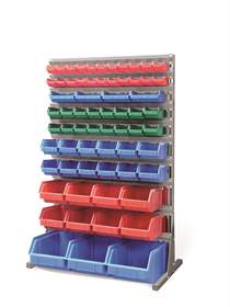 Regál se zásobníky TechBox, šedá konstrukce, š x v: 940x1540 mm, jednostranný, počet boxů: 65 ks.