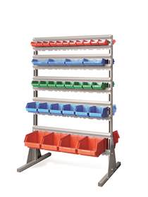 Regal mit Sichtlagerkästen TechBox, grau Konstruktion, B x H: 940x1540 mm, zweiseitig, Anzahl Kästen: 66 Stk.