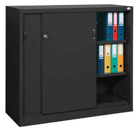 Kovová skříň s posuvnými dveřmi, v x š x h: 1040 x 1000 x 435 mm, barva černá RAL9005 / černá RAL9005