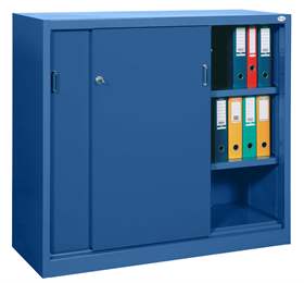Dulap metalic cu polițe și uși glisante - office steel furniture, HxLxl: 1040x1000x435 mm, culoare albastră RAL 5010