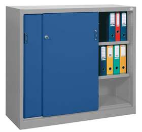 Dulap metalic cu polițe și uși glisante - office steel furniture, HxLxl: 1040x1000x435 mm, culoare gri deschis RAL 7035/ albastră RAL 5010