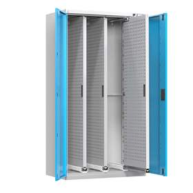 Werkstattschrank mit 3 ausziehbaren Lochplatten, HxBxT: 1950x1044x655 mm, Lichtgrau RAL7035/Türfarbe Blau RAL5012