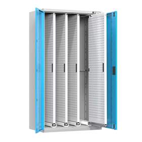 Werkstattschrank mit 4 ausziehbaren Lochplatten, HxBxT: 1950x1044x655 mm, Lichtgrau RAL7035/Türfarbe Blau RAL5012