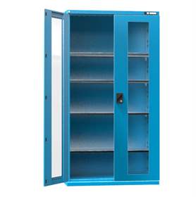 Werkstatt-Schrank, HxBxT: 1950 x 1044 x 655 mm, Flügeltüren mit Sichtfenster, 4 x Fachböden 100 kg, Farbe Blau RAL5012