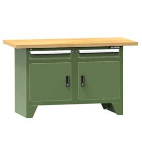 Werkbank, Buchen-Multiplex-Arbeitsplatte 1500 x 700 mm, 2 x Schubladen, 2 x Schränke, Farbe grün RAL6011