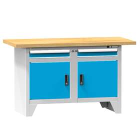 Werkbank, Buche Massiv-Arbeitsplatte 1500 x 700 mm, 2 x Schubladen, 2 x Schränke, Korpus Lichtgrau RAL7035/Türen Blau RAL5012