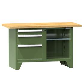 Werkbank, Buchen-Multiplex-Arbeitsplatte 1500 x 700 mm, 3 x Schubladen, Farbe grün RAL6011