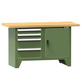 Werkbank, Buche Massiv-Arbeitsplatte 1500 x 700 mm, 4 x Schubladen, 1 x Schrank, Farbe grün RAL6011