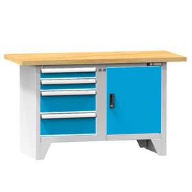 Werkbank, Buchen-Multiplex-Arbeitsplatte 1500 x 700 mm, 4 x Schubladen, 1 x Schränk, Korpus Lichtgrau RAL7035/Türen Blau RAL5012