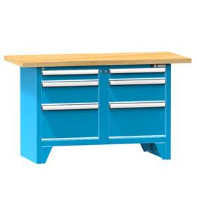 Werkbank, Buchen-Multiplex-Arbeitsplatte 1500 x 700 mm, 6 x Schubladen, Farbe blau RAL5012