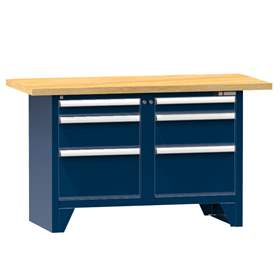 Werkbank, Buchen-Multiplex-Arbeitsplatte 1500 x 700 mm, 6 x Schubladen, Farbe dunkelblau RAL5010