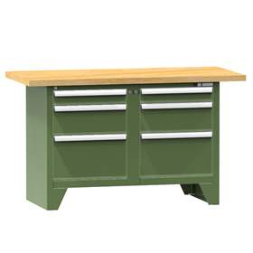 Werkbank, Buche Massiv-Arbeitsplatte 1500 x 700 mm, 6 x Schubladen, Farbe grün RAL6011