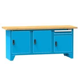 Werkbank, Buchen-Multiplex-Arbeitsplatte 2000 x 700 mm, 1 x Schublade, 3 x Schränke, Farbe blau RAL5012