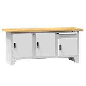 Werkbank, Buchen-Multiplex-Arbeitsplatte 2000 x 700 mm, 1 x Schublade, 3 x Schränke, Farbe grau RAL7035