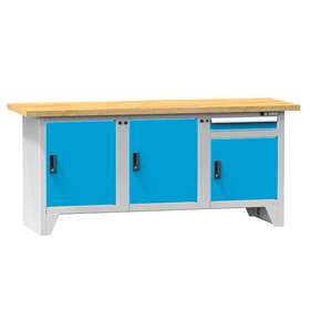Werkbank, Buche Massiv-Arbeitsplatte 2000 x 700 mm, 1 x Schublade, 3 x Schränke, Korpus Lichtgrau RAL7035/Türen Blau RAL5012