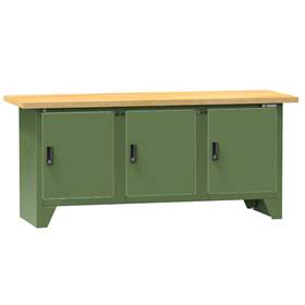 Werkbank, Buche Massiv-Arbeitsplatte 2000 x 700 mm, 3 x Schränke, Farbe grün RAL6011
