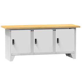 Werkbank, Buche Massiv-Arbeitsplatte 2000 x 700 mm, 3 x Schränke, Farbe grau RAL7035