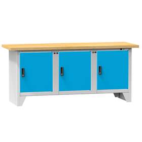 Werkbank, Buchen-Multiplex-Arbeitsplatte 2000 x 700 mm, 3 x Schränke, Korpus Lichtgrau RAL7035/Türen Blau RAL5012