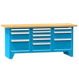 Werkbank, Buche Massiv-Arbeitsplatte 2000 x 700 mm, 11 x Schubladen, Farbe blau RAL5012