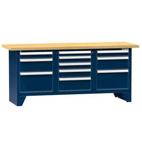 Werkbank, Buche Massiv-Arbeitsplatte 2000 x 700 mm, 11 x Schubladen, Farbe dunkelblau RAL5010