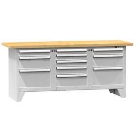 Werkbank, Buche Massiv-Arbeitsplatte 2000 x 700 mm, 11 x Schubladen, Farbe grau RAL7035