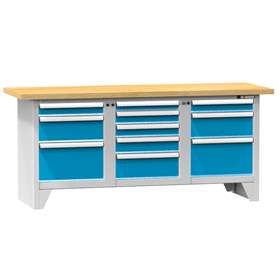 Werkbank, Buche Massiv-Arbeitsplatte 2000 x 700 mm, 11 x Schubladen, Korpus Lichtgrau RAL7035/Türen Blau RAL5012
