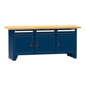 Werkbank, Buchen-Multiplex-Arbeitsplatte 2000 x 700 mm, 3 x Schubladen, 3 x Schränke, Farbe dunkelblau RAL5010