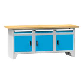 Werkbank, Buchen-Multiplex-Arbeitsplatte 2000 x 700 mm, 3 x Schubladen, 3 x Schränke, Korpus Lichtgrau RAL7035/Türen Blau RAL5012