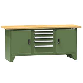 Werkbank, Buche Massiv-Arbeitsplatte 2000 x 700 mm, 5 x Schubladen, 2 x Schränke, Farbe grün RAL6011