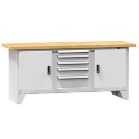 Werkbank, Buchen-Multiplex-Arbeitsplatte 2000 x 700 mm, 5 Schubladen, 2 Schränke, Farbe grau RAL7035