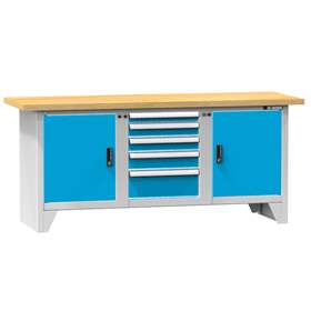 Werkbank, Buche Massiv-Arbeitsplatte 2000 x 700 mm, 5 x Schubladen, 2 x Schränke, Korpus Lichtgrau RAL7035/Türen Blau RAL5012