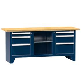 Werkbank, Buche Massiv-Arbeitsplatte 2000 x 700 mm, 6 x Schubladen, Farbe dunkelblau RAL5010