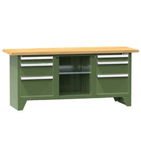 Werkbank, Buche Massiv-Arbeitsplatte 2000 x 700 mm, 6 x Schubladen, Farbe grün RAL6011
