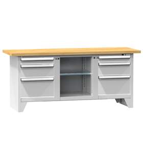 Werkbank, Buche Massiv-Arbeitsplatte 2000 x 700 mm, 6 x Schubladen, Farbe grau RAL7035