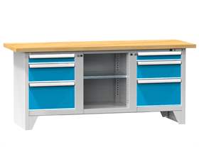 Werkbank, Buche Massiv-Arbeitsplatte 2000 x 700 mm, 6 x Schubladen, Korpus Lichtgrau RAL7035/Türen Blau RAL5012