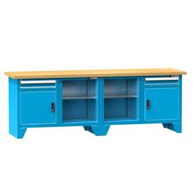 Werkbank, Buchen-Multiplex-Arbeitsplatte 2500 x 700 mm, 2 x Schubladen, 2 x Schränke, Farbe blau RAL5012