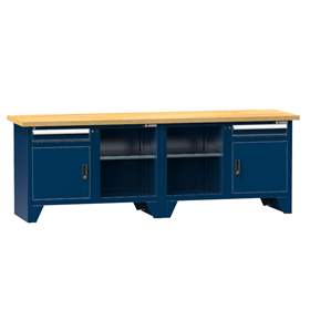 Werkbank, Buche Massiv-Arbeitsplatte 2500 x 700 mm, 2 x Schubladen, 2 x Schränke, Farbe dunkelblau RAL5010