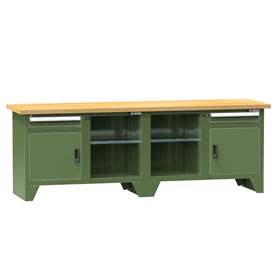Werkbank, Buche Massiv-Arbeitsplatte 2500 x 700 mm, 2 x Schubladen, 2 x Schränke, Farbe grün RAL6011