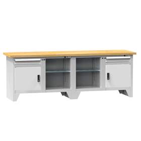 Werkbank, Buche Massiv-Arbeitsplatte 2500 x 700 mm, 2 x Schubladen, 2 x Schränke, Farbe grau RAL7035