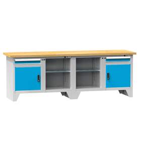 Werkbank, Buche Massiv-Arbeitsplatte 2500 x 700 mm, 2 x Schubladen, 2 x Schränke, Korpus Lichtgrau RAL7035/Türen Blau RAL5012