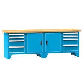 Werkbank, Buche Massiv-Arbeitsplatte 2500 x 700 mm, 8 x Schubladen, 2 x Schränke, Farbe blau RAL5012