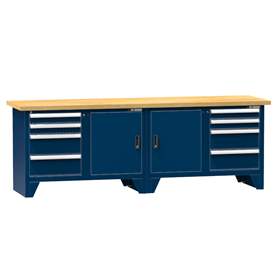 Werkbank, Buchen-Multiplex-Arbeitsplatte 2500 x 700 mm, 8 x Schubladen, 2 x Schränke, Farbe dunkelblau RAL5010