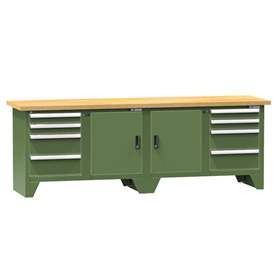 Werkbank, Buche Massiv-Arbeitsplatte 2500 x 700 mm, 8 x Schubladen, 2 x Schränke, Farbe grün 6011