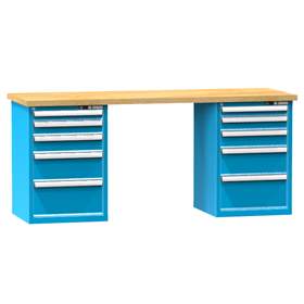 Banc de atelier KOMBI, lxLxH: 2000x800x880, 2 module dulap atașabile sub banc, 10 sertare, albastru RAL5012