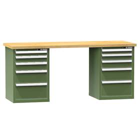 Banc de atelier KOMBI, lxLxH: 2000x800x880, 2 module dulap atașabile sub banc, 10 sertare, verde RAL6011